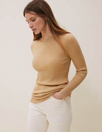M&S Merino Wool Longline Jumper with Silk beige