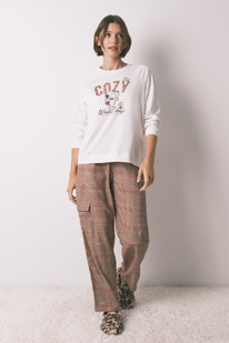 womensecret langer Pyjama aus 100 % Baumwolle mit kariertem Snoopy Print
