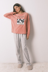 womensecret Langer, weicher Fleece-Pyjama in Rosa und Grau Pingu